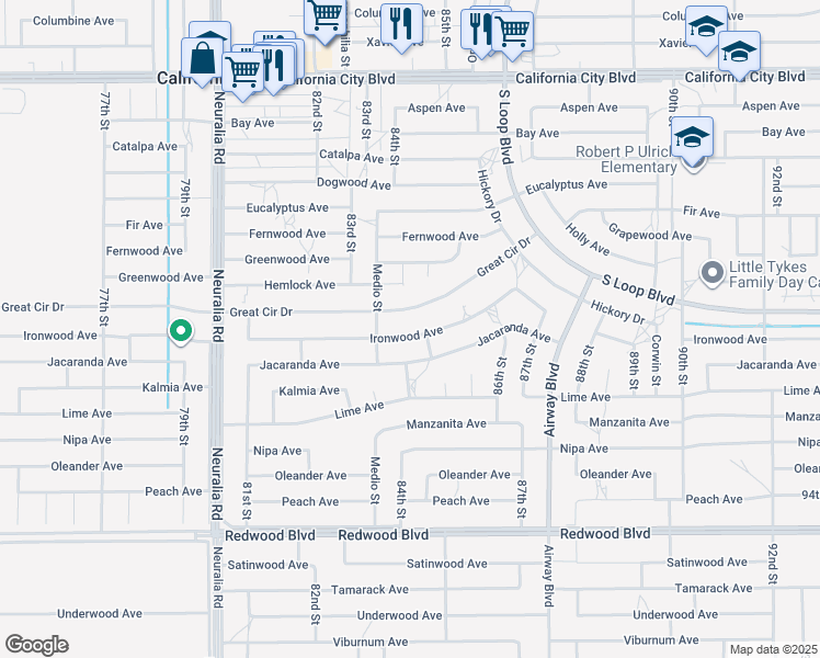 map of restaurants, bars, coffee shops, grocery stores, and more near 8413 Ironwood Avenue in California City