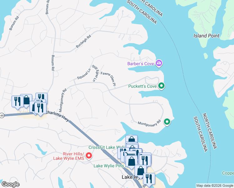 map of restaurants, bars, coffee shops, grocery stores, and more near 6857 Pine Moss Lane in Clover