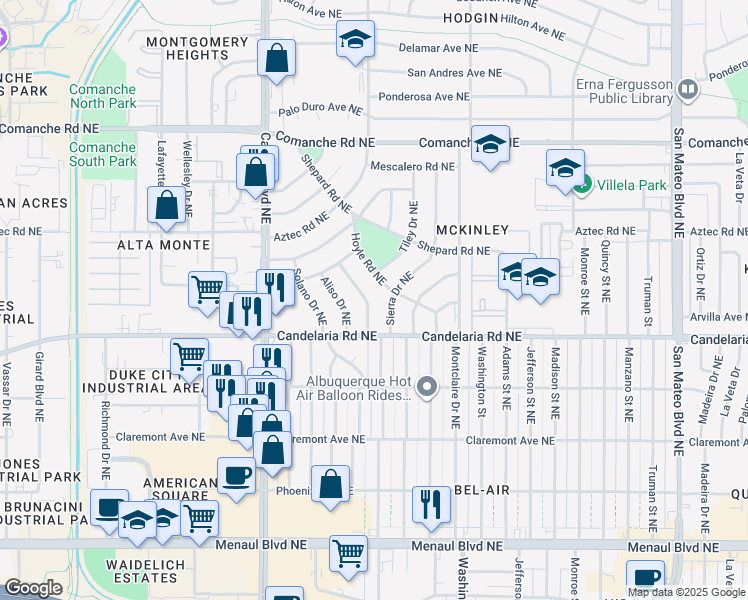 map of restaurants, bars, coffee shops, grocery stores, and more near 3307 Hoyle Road Northeast in Albuquerque