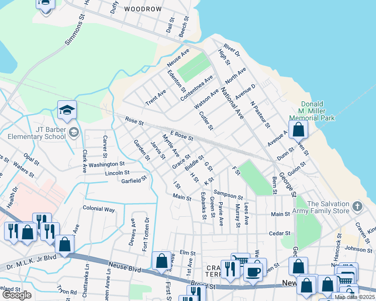 map of restaurants, bars, coffee shops, grocery stores, and more near 1308 Harrison St in New Bern