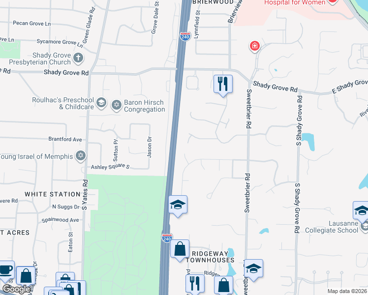 map of restaurants, bars, coffee shops, grocery stores, and more near 485 River Ridge Cove in Memphis