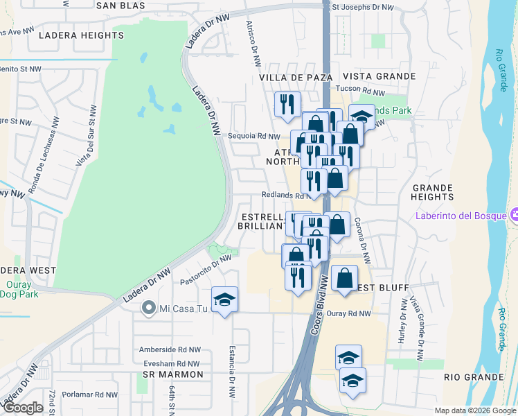 map of restaurants, bars, coffee shops, grocery stores, and more near 3020 Estrella Brillante Street Northwest in Albuquerque