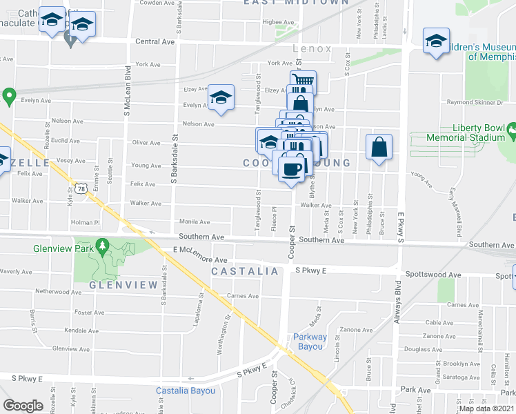 map of restaurants, bars, coffee shops, grocery stores, and more near Walker Ave & Tanglewood St in Memphis