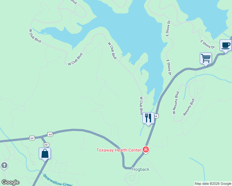 map of restaurants, bars, coffee shops, grocery stores, and more near 749 Lakeside Drive in Lake Toxaway