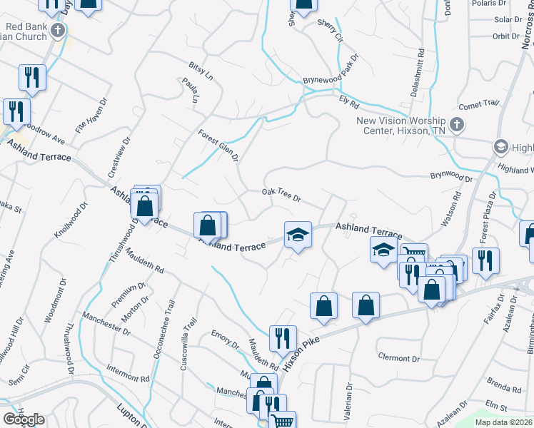 map of restaurants, bars, coffee shops, grocery stores, and more near 708 Highview Drive in Chattanooga