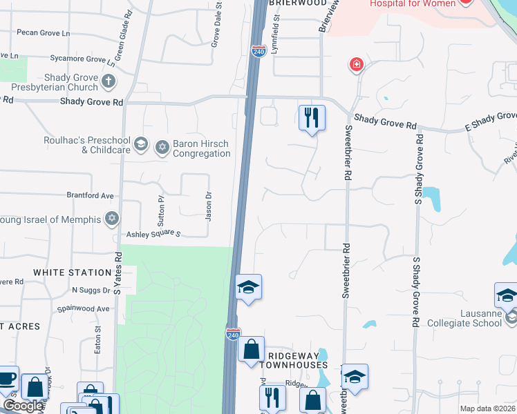 map of restaurants, bars, coffee shops, grocery stores, and more near 485 River Ridge Cove in Memphis