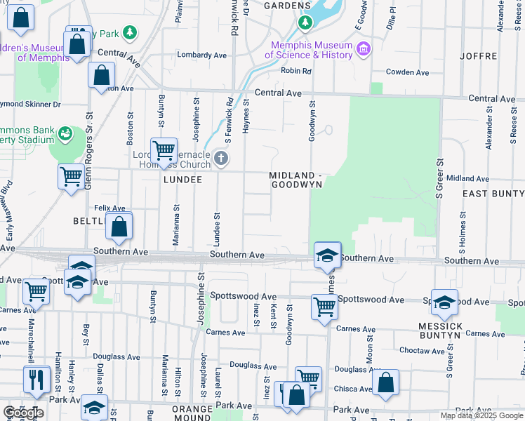 map of restaurants, bars, coffee shops, grocery stores, and more near 2912 Felix Avenue in Memphis