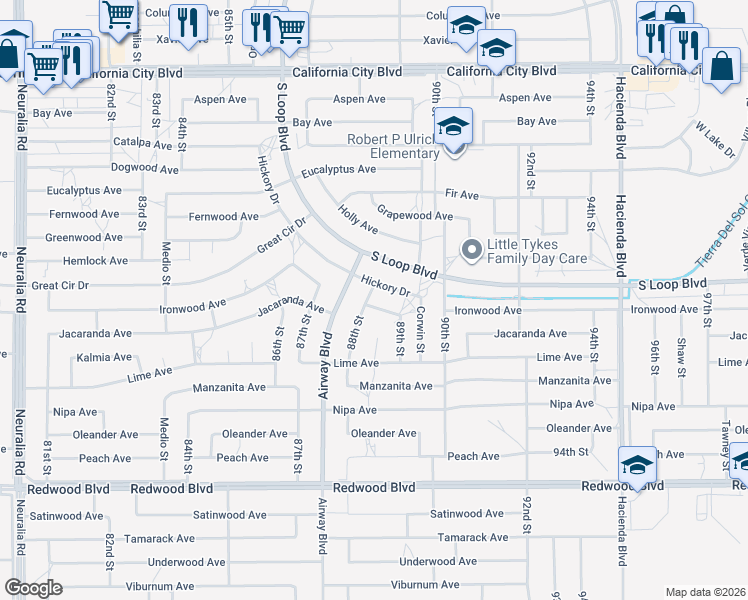 map of restaurants, bars, coffee shops, grocery stores, and more near 8837 Ironwood Avenue in California City