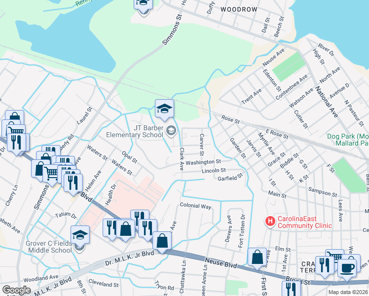 map of restaurants, bars, coffee shops, grocery stores, and more near 1700 Cobb Street in New Bern