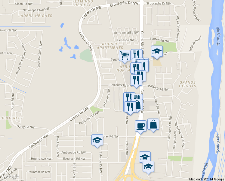 map of restaurants, bars, coffee shops, grocery stores, and more near 3020 Estrella Brillante Street Northwest in Albuquerque
