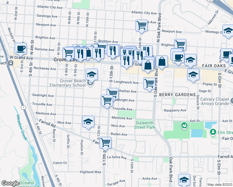 map of restaurants, bars, coffee shops, grocery stores, and more near 1342 Manhattan Avenue in Grover Beach