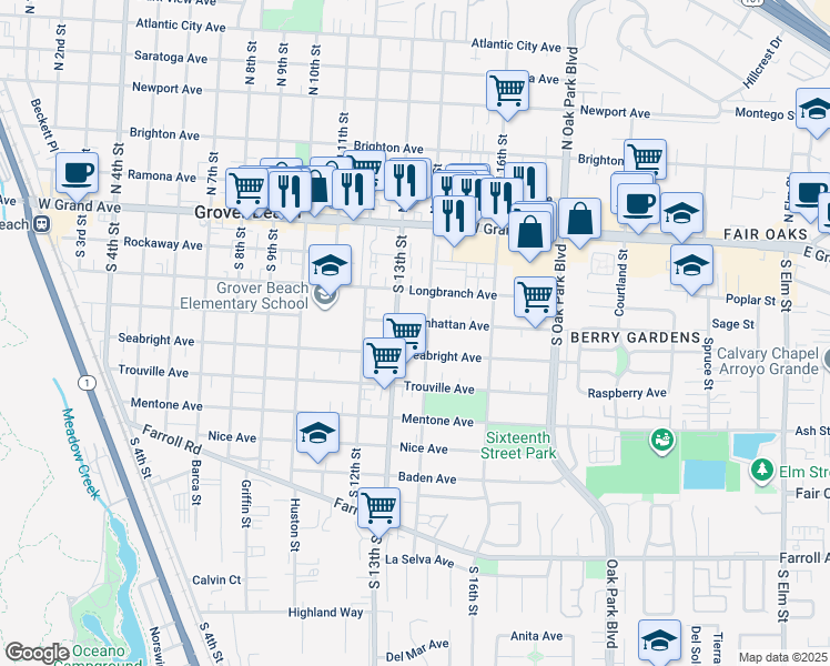 map of restaurants, bars, coffee shops, grocery stores, and more near 1342 Manhattan Avenue in Grover Beach