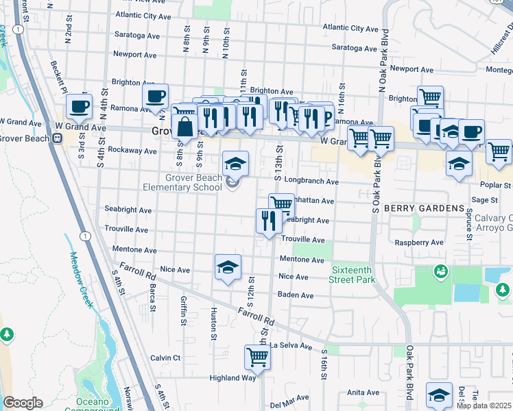 map of restaurants, bars, coffee shops, grocery stores, and more near 1218 Manhattan Avenue in Grover Beach