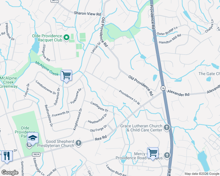 map of restaurants, bars, coffee shops, grocery stores, and more near 6903 Providence Lane West in Charlotte