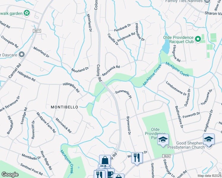map of restaurants, bars, coffee shops, grocery stores, and more near 6904 Weirton Place in Charlotte