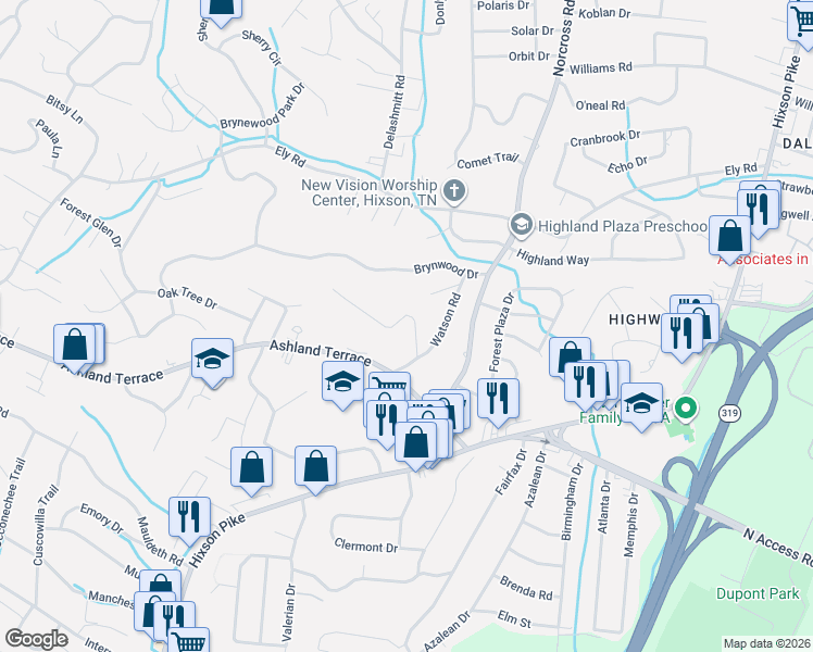 map of restaurants, bars, coffee shops, grocery stores, and more near 1329 Highland Road in Chattanooga