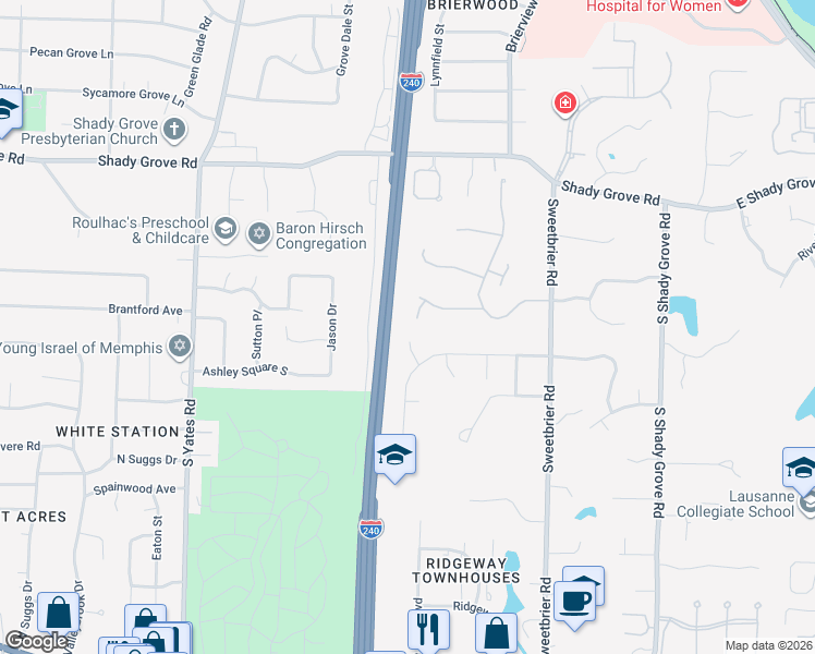 map of restaurants, bars, coffee shops, grocery stores, and more near 485 River Ridge Cove in Memphis