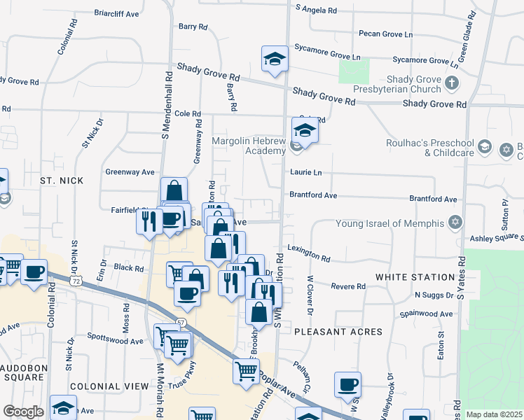 map of restaurants, bars, coffee shops, grocery stores, and more near 5191 North Racquet Club Place in Memphis