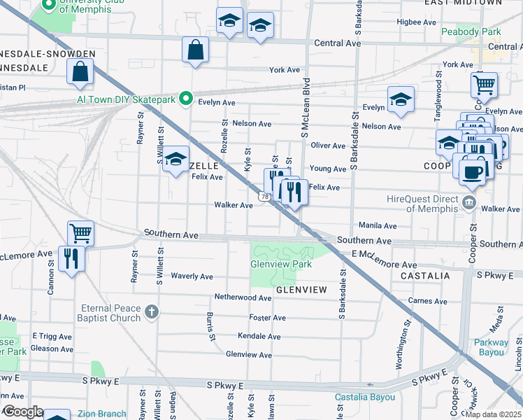 map of restaurants, bars, coffee shops, grocery stores, and more near 1729 Walker Avenue in Memphis