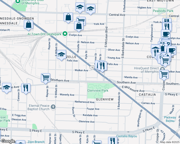 map of restaurants, bars, coffee shops, grocery stores, and more near 1729 Walker Avenue in Memphis
