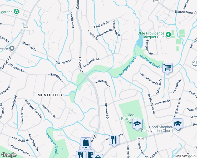 map of restaurants, bars, coffee shops, grocery stores, and more near 6319 Summerlin Place in Charlotte