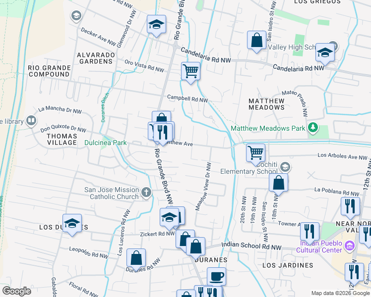 map of restaurants, bars, coffee shops, grocery stores, and more near 2232 Matthew Avenue in Albuquerque
