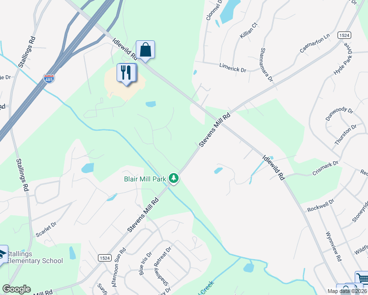 map of restaurants, bars, coffee shops, grocery stores, and more near 5419 Stevens Mill Road in Matthews
