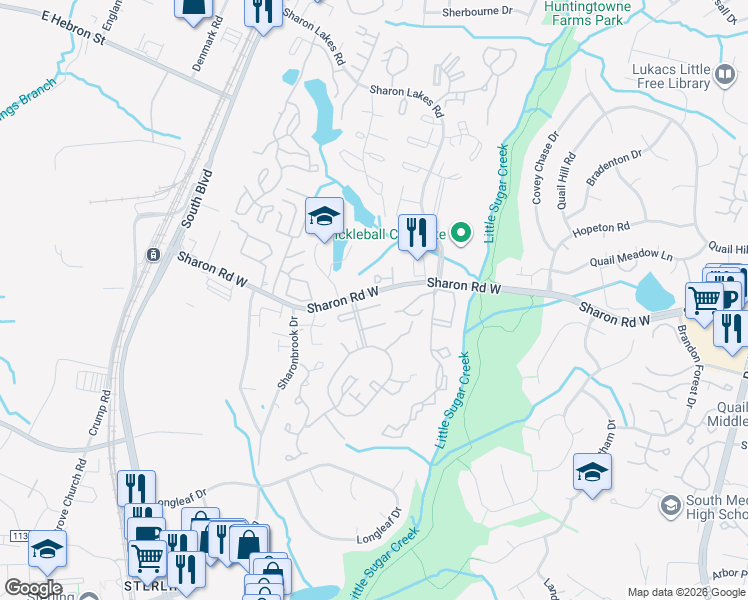 map of restaurants, bars, coffee shops, grocery stores, and more near 8015 Regent Park Lane in Charlotte
