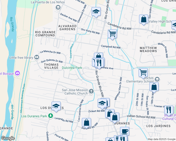 map of restaurants, bars, coffee shops, grocery stores, and more near 2305 Via Cadiz Ct NW in Albuquerque
