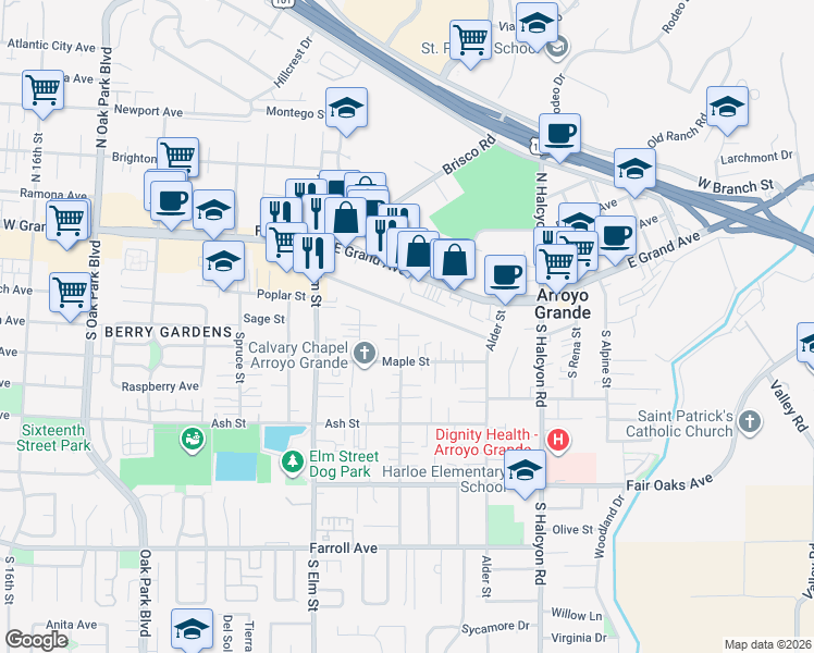 map of restaurants, bars, coffee shops, grocery stores, and more near 155 Walnut Street in Arroyo Grande