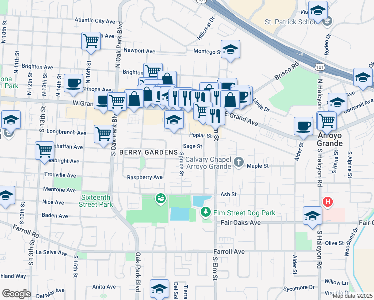 map of restaurants, bars, coffee shops, grocery stores, and more near 1257 Sage Street in Arroyo Grande