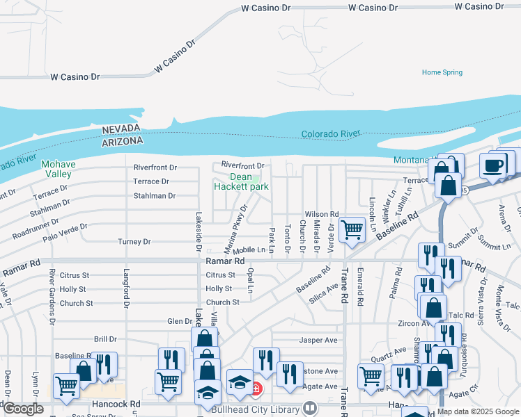 map of restaurants, bars, coffee shops, grocery stores, and more near 1064 Joshua Lane in Bullhead City