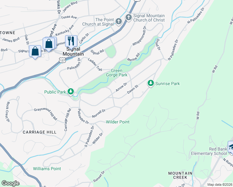 map of restaurants, bars, coffee shops, grocery stores, and more near 202 Arrow Dr in Signal Mountain