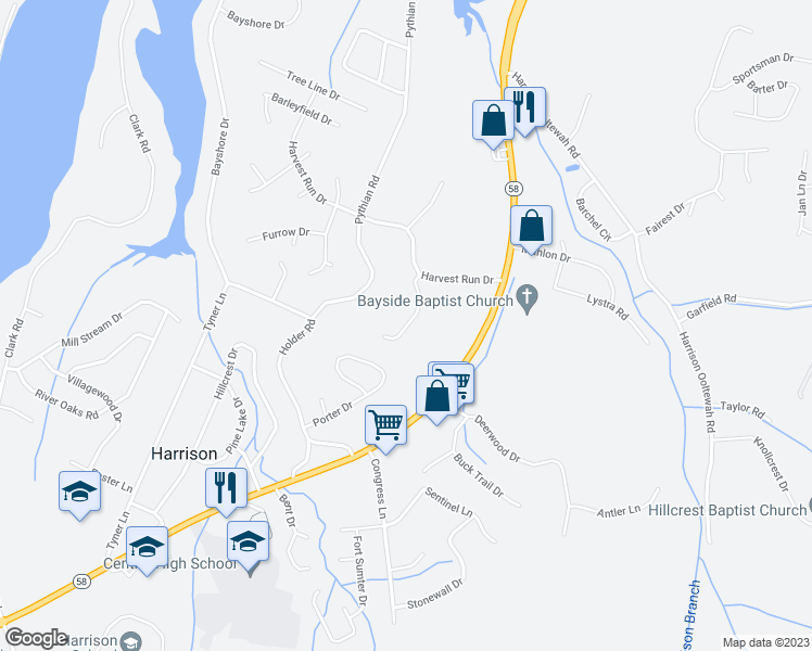map of restaurants, bars, coffee shops, grocery stores, and more near 6239 Rim Ridge Court in Harrison