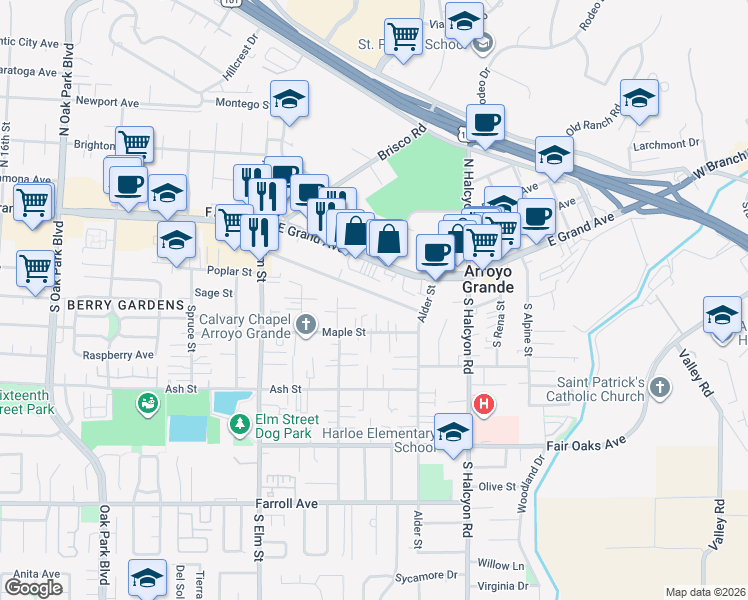 map of restaurants, bars, coffee shops, grocery stores, and more near 1049 Sunset Drive in Arroyo Grande