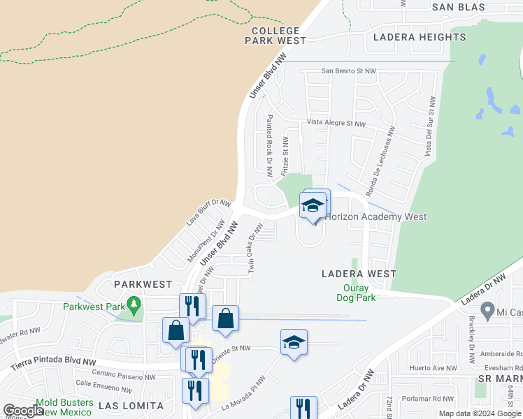 map of restaurants, bars, coffee shops, grocery stores, and more near 7912 Elliott Road Northwest in Albuquerque