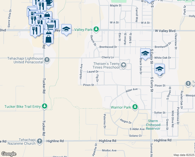map of restaurants, bars, coffee shops, grocery stores, and more near 1150 Fig Drive in Tehachapi