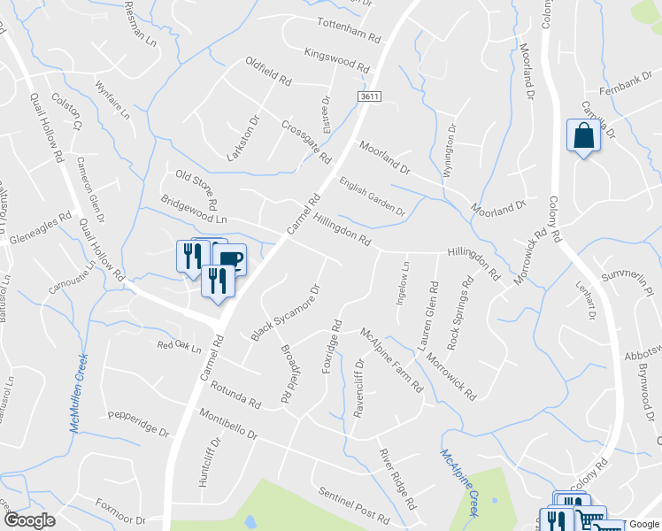map of restaurants, bars, coffee shops, grocery stores, and more near 3901 Black Sycamore Drive in Charlotte