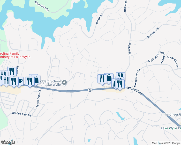 map of restaurants, bars, coffee shops, grocery stores, and more near 655 Cypress Glen Lane in Lake Wylie