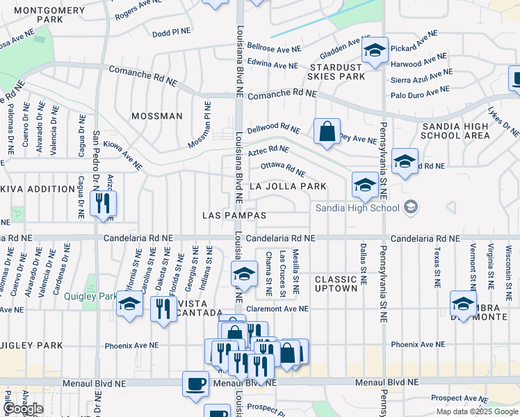 map of restaurants, bars, coffee shops, grocery stores, and more near 6901 Shoshone Road Northeast in Albuquerque