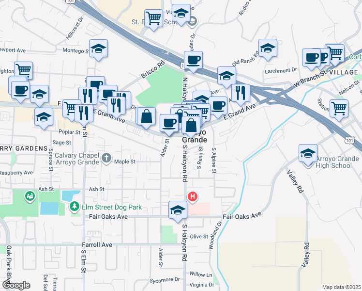 map of restaurants, bars, coffee shops, grocery stores, and more near 124 South Halcyon Road in Arroyo Grande