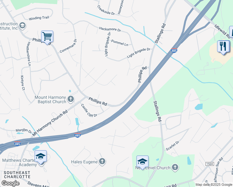 map of restaurants, bars, coffee shops, grocery stores, and more near 2903 Holcroft Court in Matthews