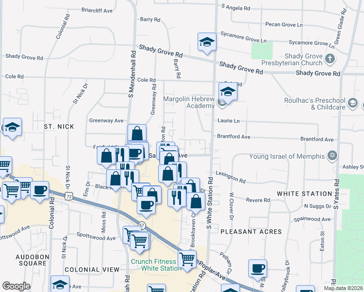 map of restaurants, bars, coffee shops, grocery stores, and more near 489 West Racquet Club Place in Memphis