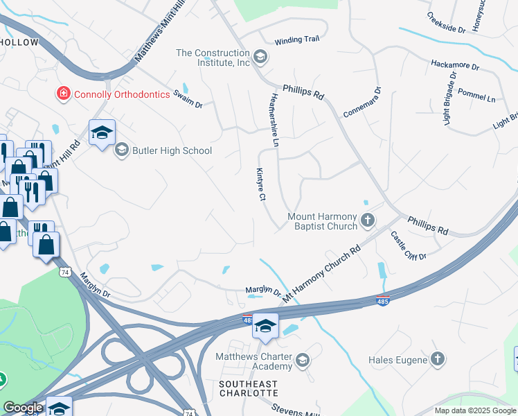 map of restaurants, bars, coffee shops, grocery stores, and more near 2103 Pineapple Court in Matthews
