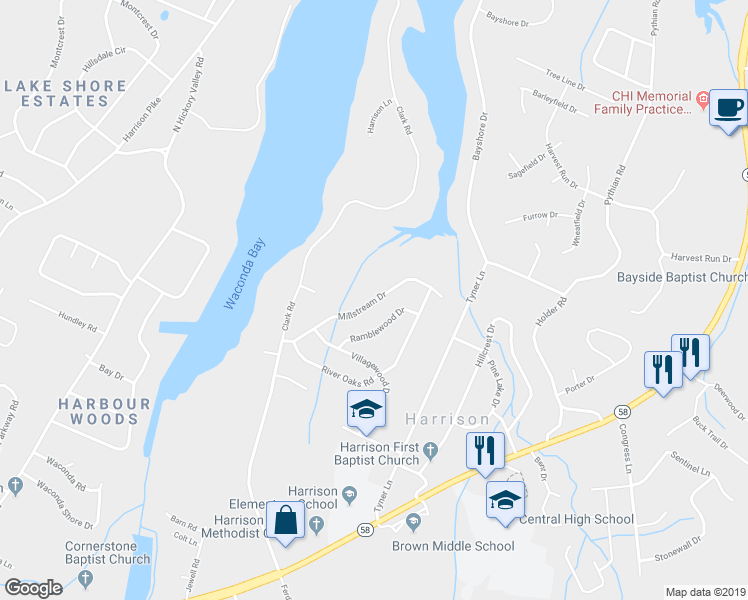 map of restaurants, bars, coffee shops, grocery stores, and more near 6502 Millstream Drive in Harrison