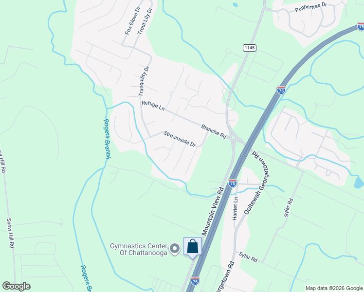 map of restaurants, bars, coffee shops, grocery stores, and more near 8888 Streamside Drive in Ooltewah