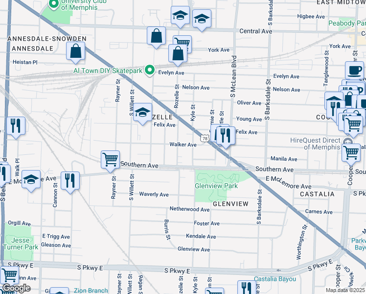 map of restaurants, bars, coffee shops, grocery stores, and more near 1676 Walker Avenue in Memphis