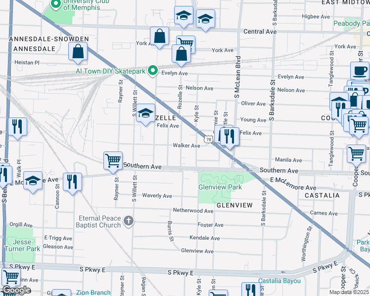 map of restaurants, bars, coffee shops, grocery stores, and more near 1677 Walker Avenue in Memphis