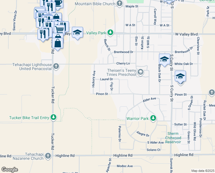 map of restaurants, bars, coffee shops, grocery stores, and more near 1162 Redwood Court in Tehachapi