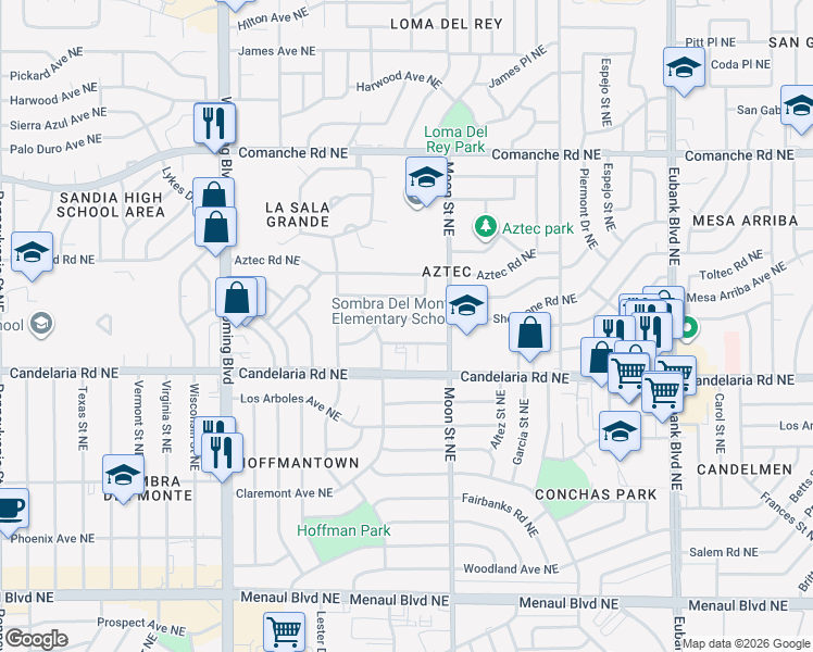 map of restaurants, bars, coffee shops, grocery stores, and more near 9000 Shoshone Road Northeast in Albuquerque